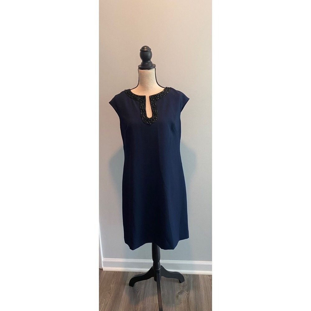 Vince Camuto Jeweled Embellished Navy Sheath Dress Women's size 10 Cap Sleeve